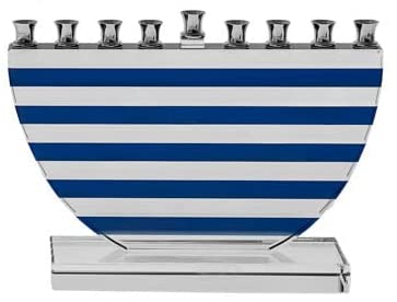 (D) Blue Stripes Crystal Menorah Chanukah Candles Holder Holiday Decor