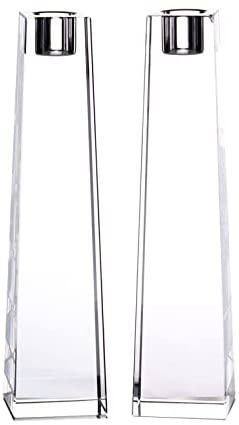 (D) Judaica Obelisk Crystal Candlesticks Jewish Set 2pc Candle Holders (Small)