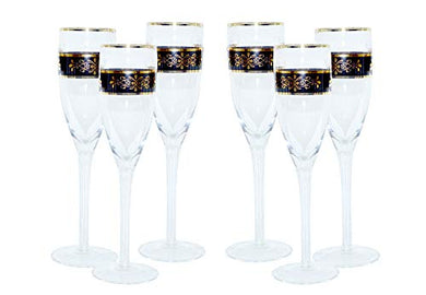 (D) Crystal Wine Stem Glasses 6-pc Set with Floral Decor Gold Rim