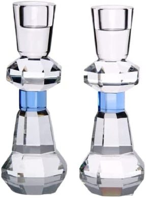 (D) Crystal with Blue Candlestick Judaica Jewish Holders