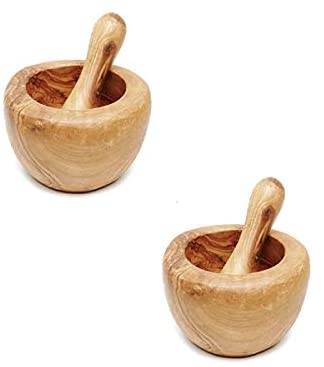 (D) Mortar and Pestle Set Olive Wood Laguiole Hand Made French Vintage (2 PC)