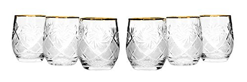 Set of 6 Vintage Cut Stemless Crystal Beverage Glasses, Hand Made Glassware With Gold Rim 7 oz