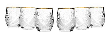 Set of 6 Vintage Cut Stemless Crystal Beverage Glasses, Hand Made Glassware With Gold Rim 7 oz