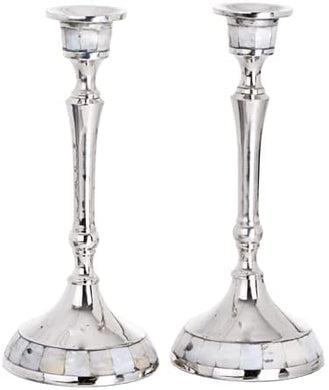 (D) Judaica Candle Sticks with Inlaid Mother of Pear 9'' for Long Candles 2 pc