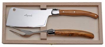 (D) Laguiole Hand Made French 2pc Olive Wood Cheese Set in a Clasp Box Vintage