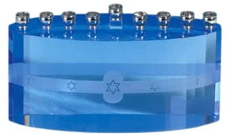 (D) Judaica Crystal Menorah Blue Ice wit Star Jewish Chanukah Holiday Decor