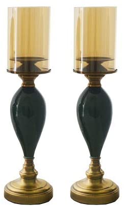 (D) Modern Candle Holder with Glass 2 Pc Set 18" Brown Gold Candlestick Holders