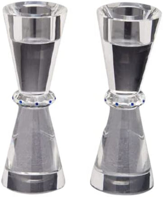 (D) Judaica Candlesticks Taper Candle Holder Crystal Blue Dot Jewish Set 2 Pc