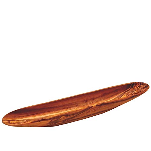 Bérard hand-made French olive wood boat dish showing natural grain and smooth finish, 13 inches long