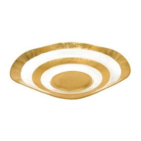 (D) Elegant Glass Round Wave Bowl Decorated with Gold Leaf Stripes 8 Inches