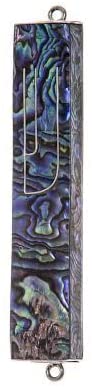(D) Judaica Sterling Silver Mezuzah Case 4 inch for Door (Blue Abalone)