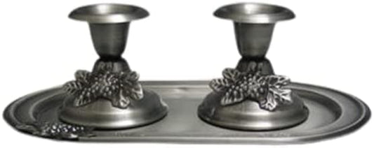 (D) Judaica Candlestick Pewter with Tray and Grape Decor for Pillar Candles