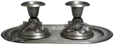 (D) Judaica Candlestick Pewter with Tray and Grape Decor for Pillar Candles