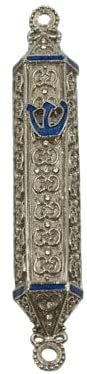 (D) Judaica Ornamented, Antique Brass Mezuzah Case Holder 4.5'' (Blue)