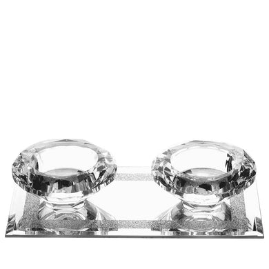 (D) Judaica Crystal Tealights Holder with Tray Mirrored Tray (Silver)