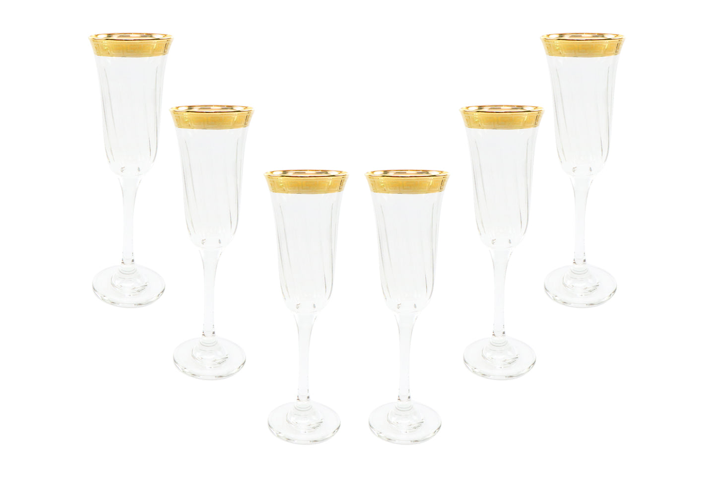 Italian Collection Crystal 24K Gold Rim Champagne Flute Glasses, Vintage Pattern