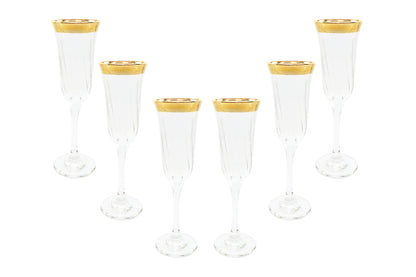 Italian Collection Crystal 24K Gold Rim Champagne Flute Glasses, Vintage Pattern