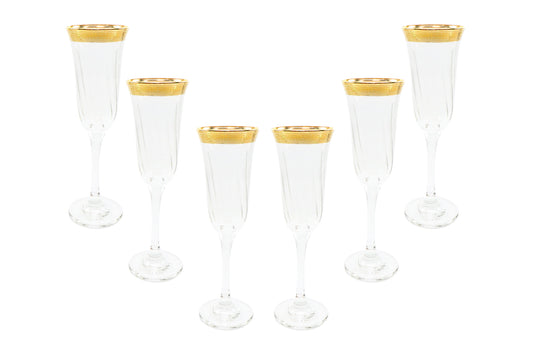 Italian Collection Crystal 24K Gold Rim Champagne Flute Glasses, Vintage Pattern