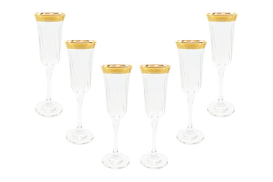 Italian Collection Crystal 24K Gold Rim Champagne Flute Glasses, Vintage Pattern