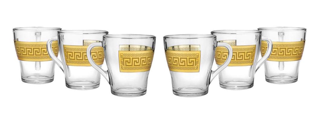 Clear Tea Glasses 6-pc Tea Set Greek Key, 6 Cups with Gold Rimmed (Antique Greek)