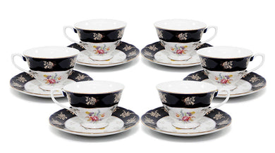 Royalty Porcelain 12-pc Vintage Flower Patterned Dark Cobalt Blue Tea Cup Set