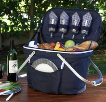 (D) Collapsible Insulated Picnic Basket for 4, Backpack Bag for Outdoor (Blue)