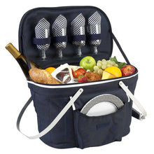 (D) Collapsible Insulated Picnic Basket for 4, Backpack Bag for Outdoor (Blue)