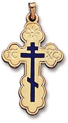 (D) Religious Gifts, 14 KT Gold Three Barred Cross with Blue Enamel, Jewelry