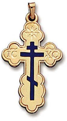 (D) Religious Gifts,14KT Gold Three Barred Cross with Blue Enamel, Pendant Jewelry