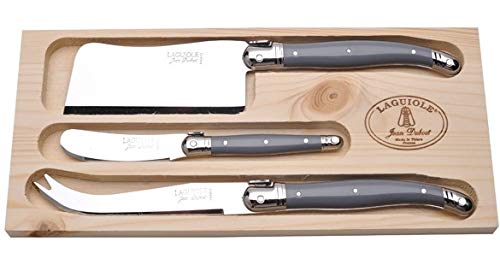 (D) Laguiole Hand Made French Cheese Set in Tray 3pc Vintage (Gray Handles)