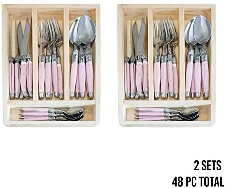 (D) Laguiole French, Flatware Set with 24-pc, Vintage (2 PACK) (Pink)
