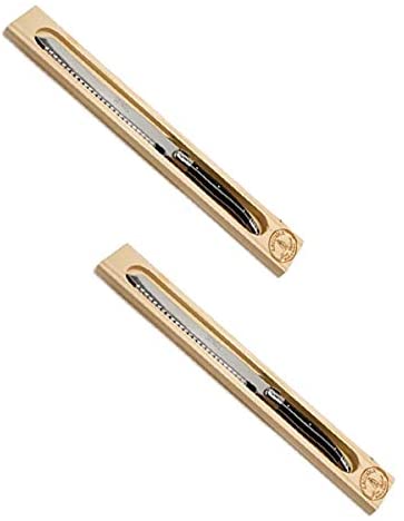 (D) Bread Knife Laguiole French Hand Made in Wood Box, Vintage (2 PC, Black)