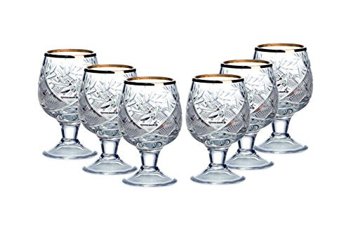 Set of 6  Vintage Cut Crystal Shot Glasses on Short Stem with Gold Rim, Tequila/Vodka 1.5 oz