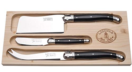 (D) Laguiole Hand Made French Cheese Set in Tray 3pc Vintage (Black Handles)