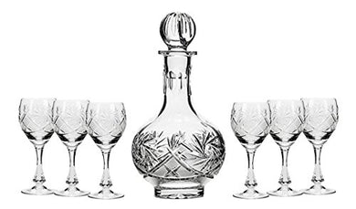 Set of 7 12-Oz Cut Crystal Liquor Decanter Set with 6 Glasses, Russian Carafe