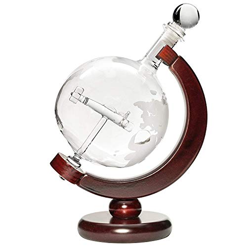 Large Decanter Set – Whiskey Decanter with Wooden Stand, 2 Etched Globe Whiskey Glasses, and Funnel – Elegant Liquor Dispenser for Spirits