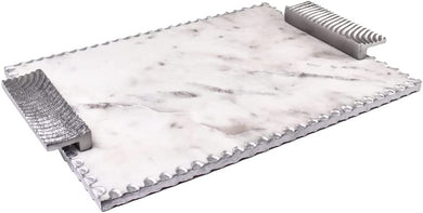 (D) Judaica Marble Challah Board Polish with Handles and Cutter Shabbat (Silver)