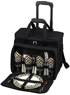 (D) Four Person Picnic Backpack Bag On Wheels, Full Equipment Set for Outdoor (Brown London)