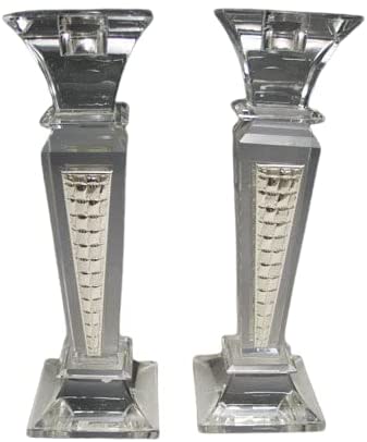 (D) Judaica Modern Candlestick Crystal and Sterling Silver 10''