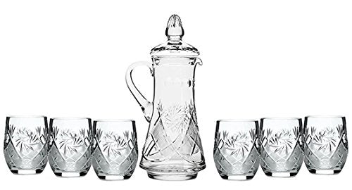 Set of 7 50-Oz Hand Made Vintage Cut Crystal Beverage Carafe with 6 Tumblers