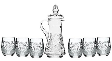 Set of 7 50-Oz Hand Made Vintage Cut Crystal Beverage Carafe with 6 Tumblers