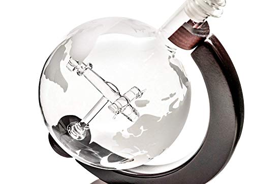 Large Decanter Set – Whiskey Decanter with Wooden Stand, 2 Etched Globe Whiskey Glasses, and Funnel – Elegant Liquor Dispenser for Spirits