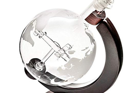 Plane Liquor Decanter 50oz Set with Wooden Stand, 2 Globe Glasses and Bar Funnel
