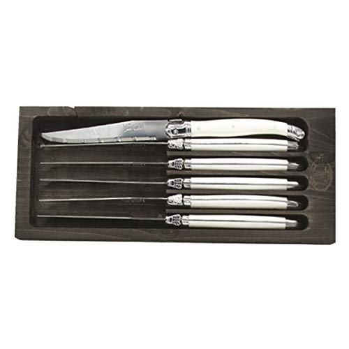 (D) Laguiole French Hand Made 6 White Steak Knives in Black Tray, Vintage