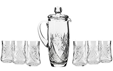 Set of 7 35-Oz Hand Made Vintage Cut Crystal Beverage Carafe with 6 Tumblers