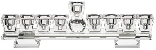 (D) Judaica Crystal Menorah Flat with Stand for Candles and Oil 14.5x3.9''