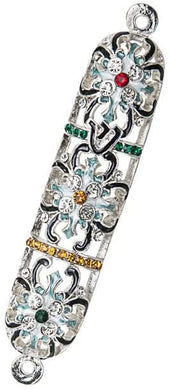 (D) Judaica Jeweled Silver Flower Mezuzah Case with Stones 5''