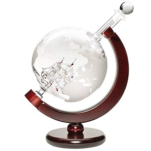 Ship Liquor Decanter 50oz Set with Wooden Stand 2 Diamond Glasses and Bar Funnel