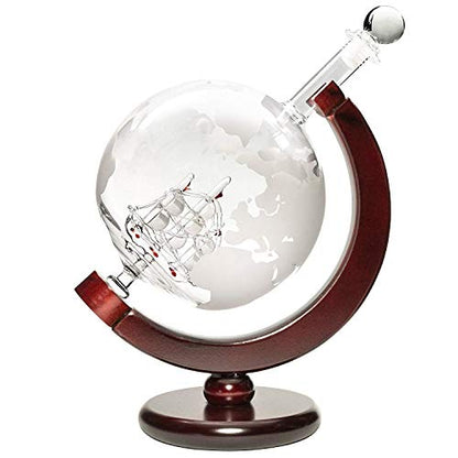 Ship Liquor Decanter 50oz Set with Wooden Stand 2 Diamond Glasses and Bar Funnel