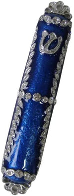 (D) Judaica Mezuzah Case with Stones Enamel 4.5'' (Blue)